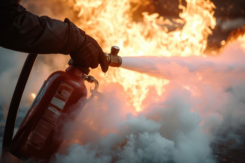 Carbon dioxide fire extinguisher firefighter protection darkness.
