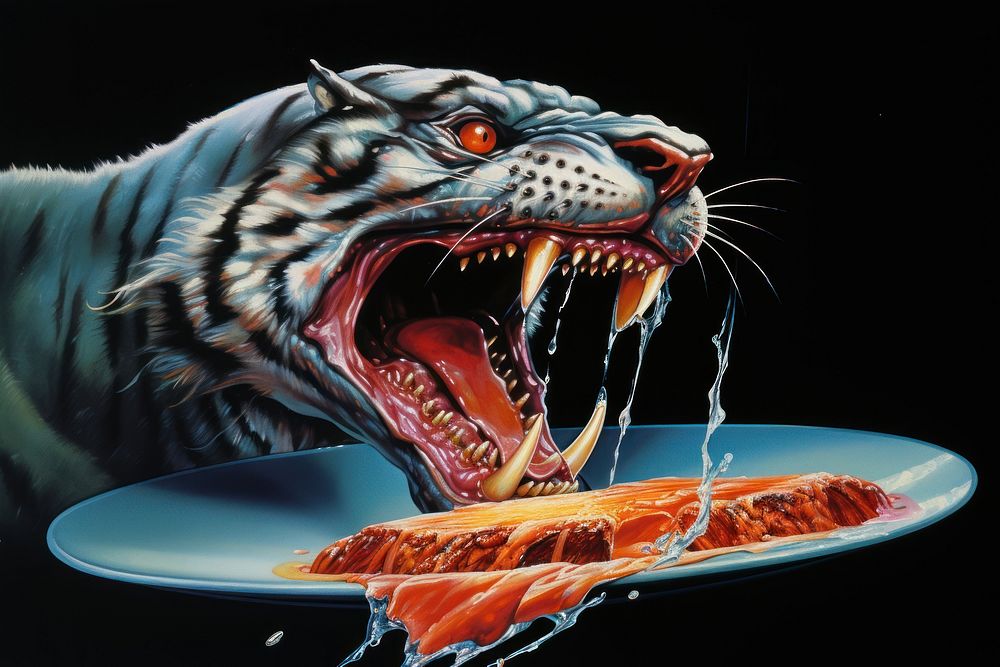 A tiger eating raw steak animal electronics aggression.