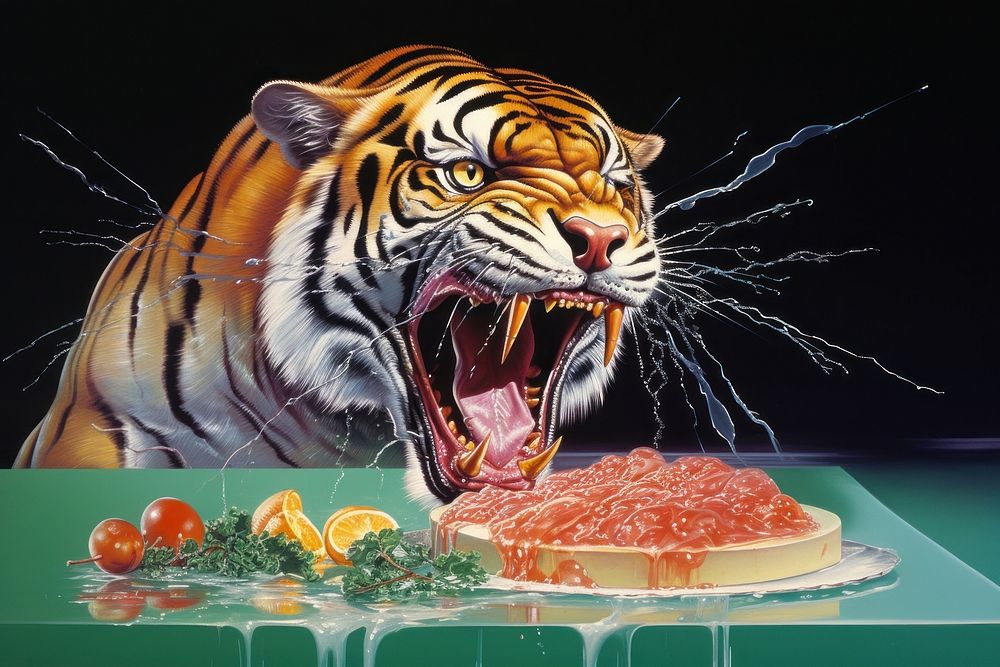 A tiger eating raw steak wildlife animal mammal.