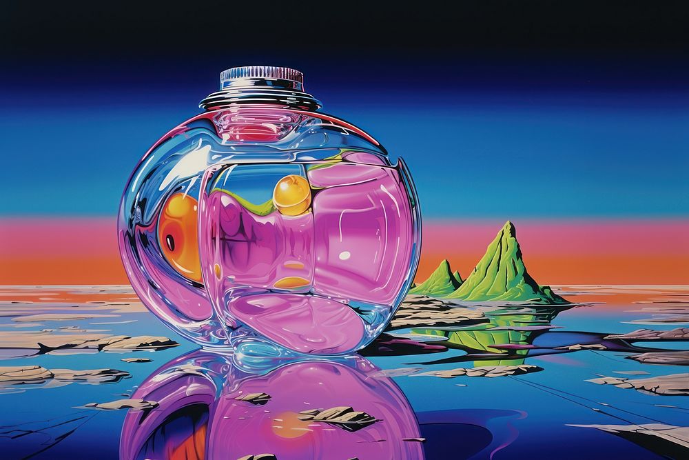 A water bottle purple art reflection.