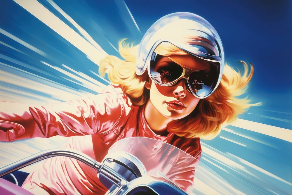 Woman riding a motorcycle sunglasses comics adult.