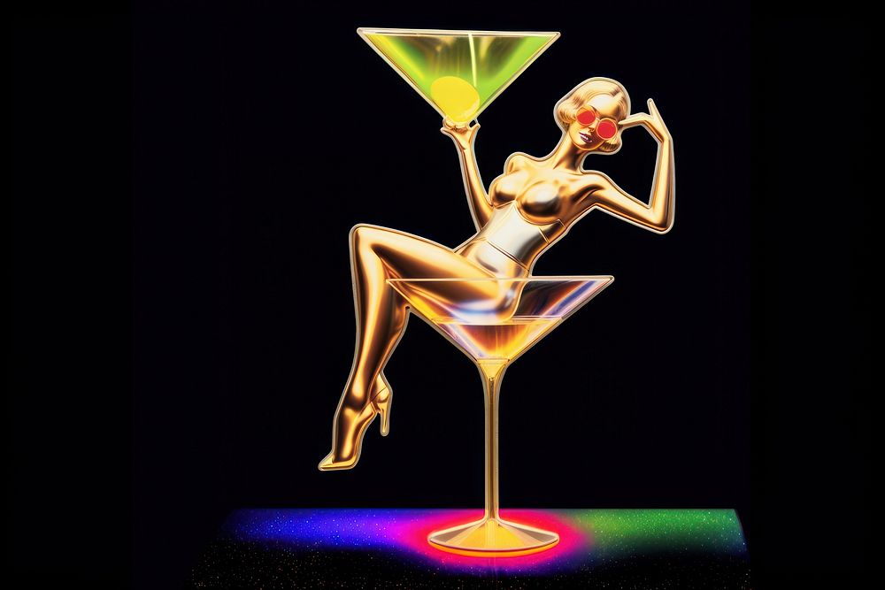 Woman sitting on a cocktail glass martini drink representation.