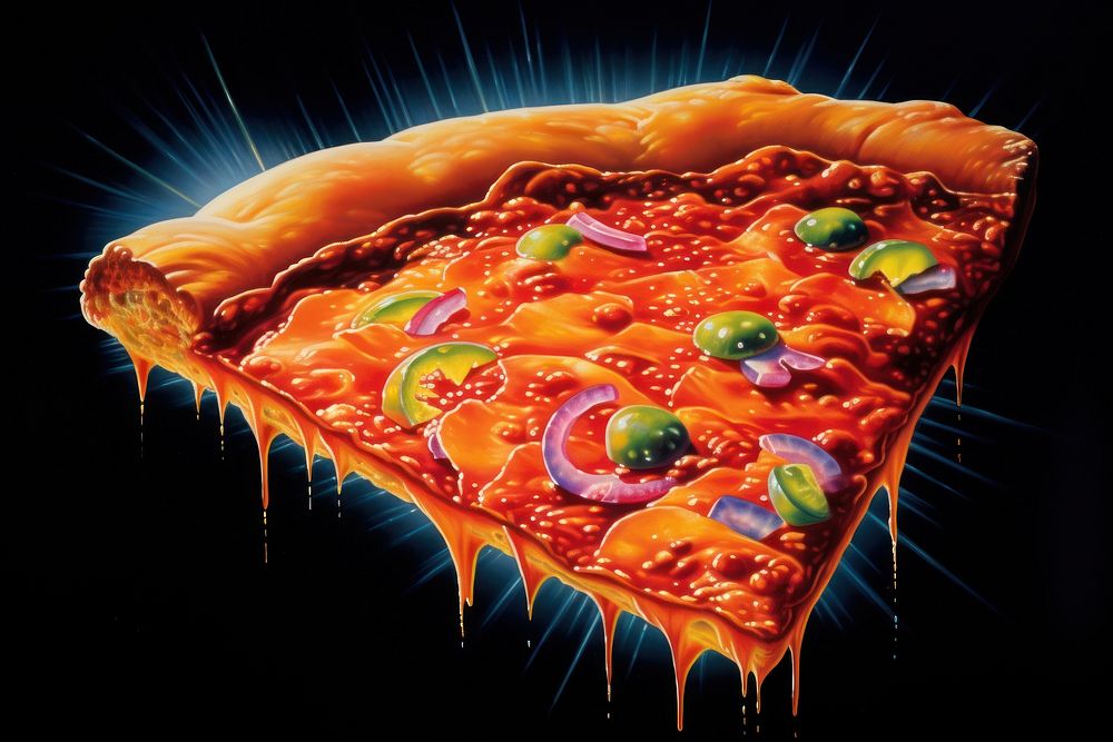 Slice of pizza food black background pepperoni.