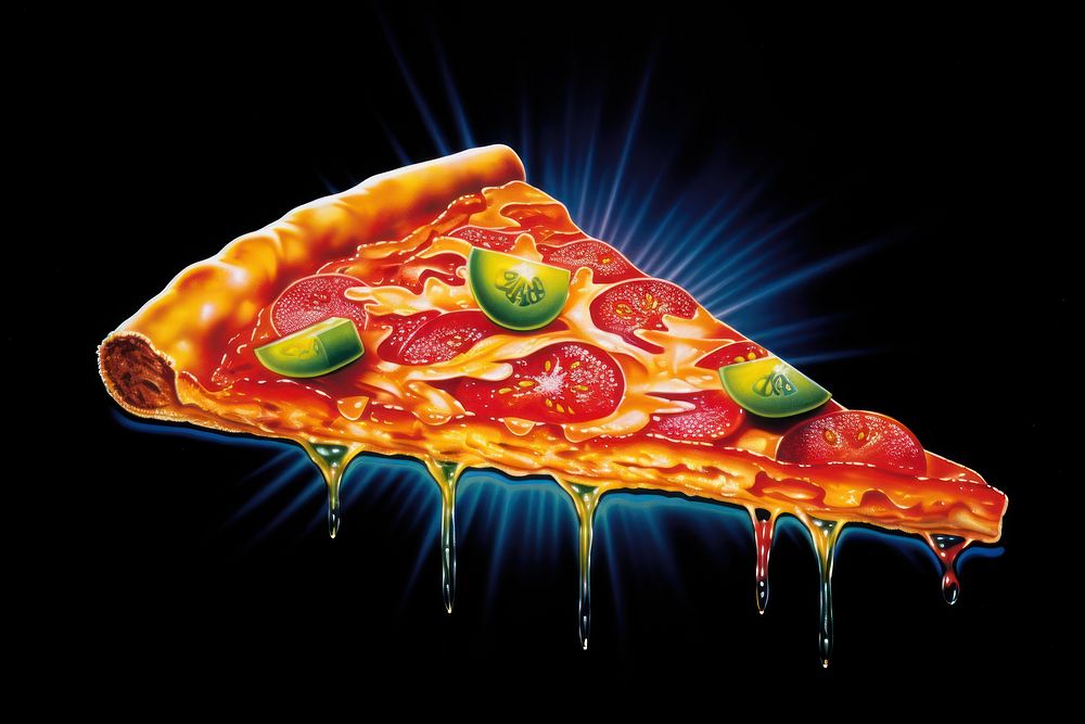 Slice of pizza food black background advertisement.