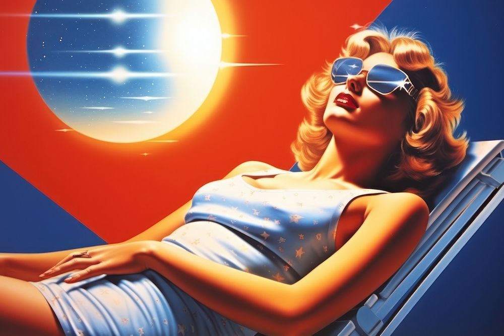 Girl sunbathing on the beach sunglasses adult advertisement.