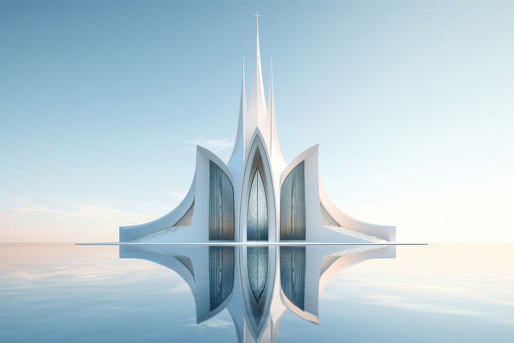 3d illustration in surreal abstract style of church outdoors nature architecture.