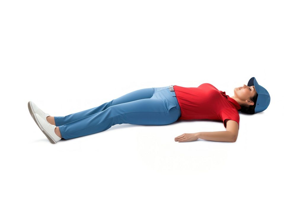 Woman stretching leg sleeping adult white background.