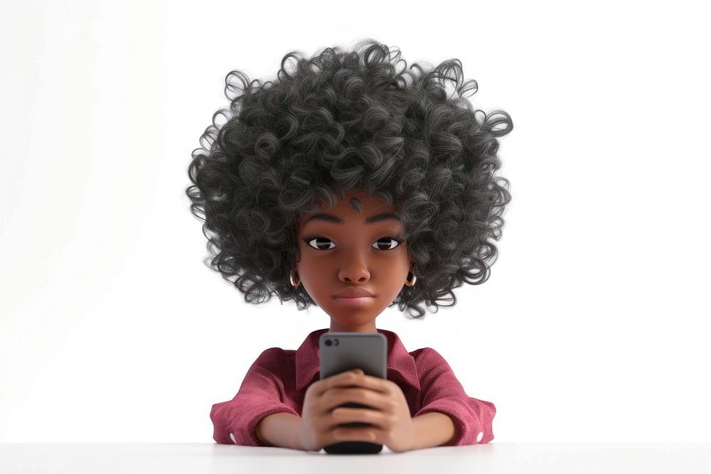 Young african american girl using phone doll wig toy.