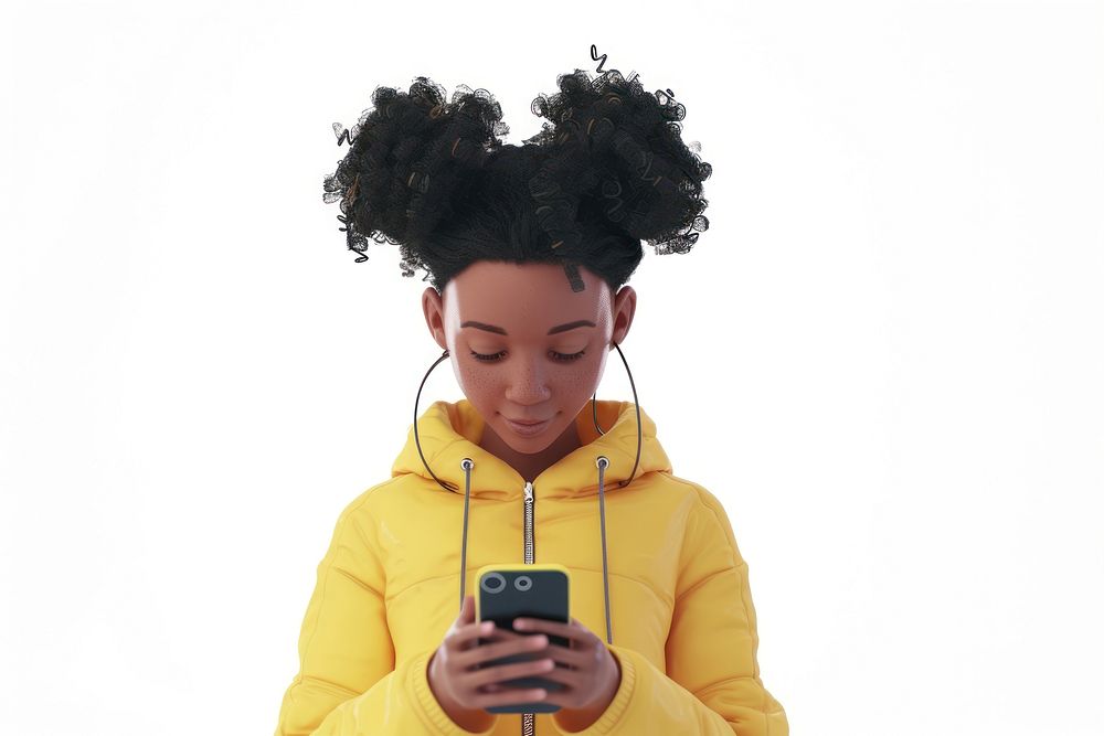 Young african american girl using phone portrait adult white background.