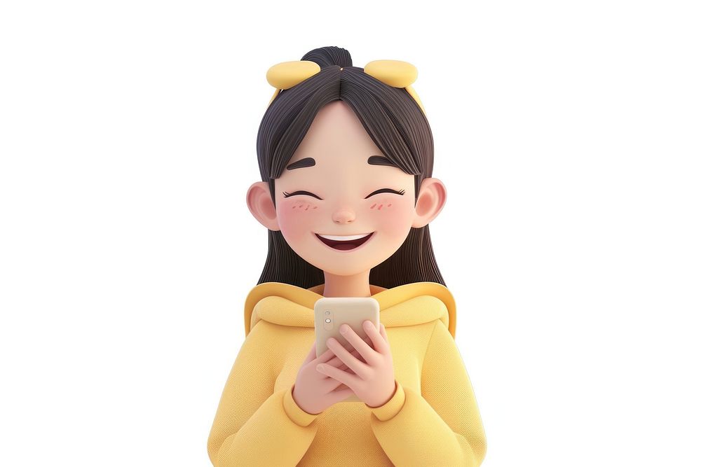 Happy young asian girl using phone cartoon cute toy.