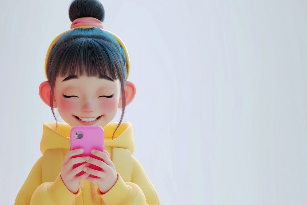 Happy young asian girl using phone cartoon anime cute.