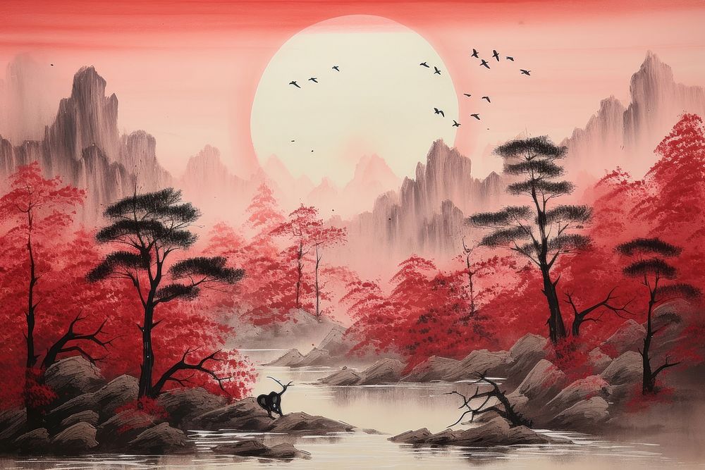 Chinese ink red landscape painting tree outdoors.