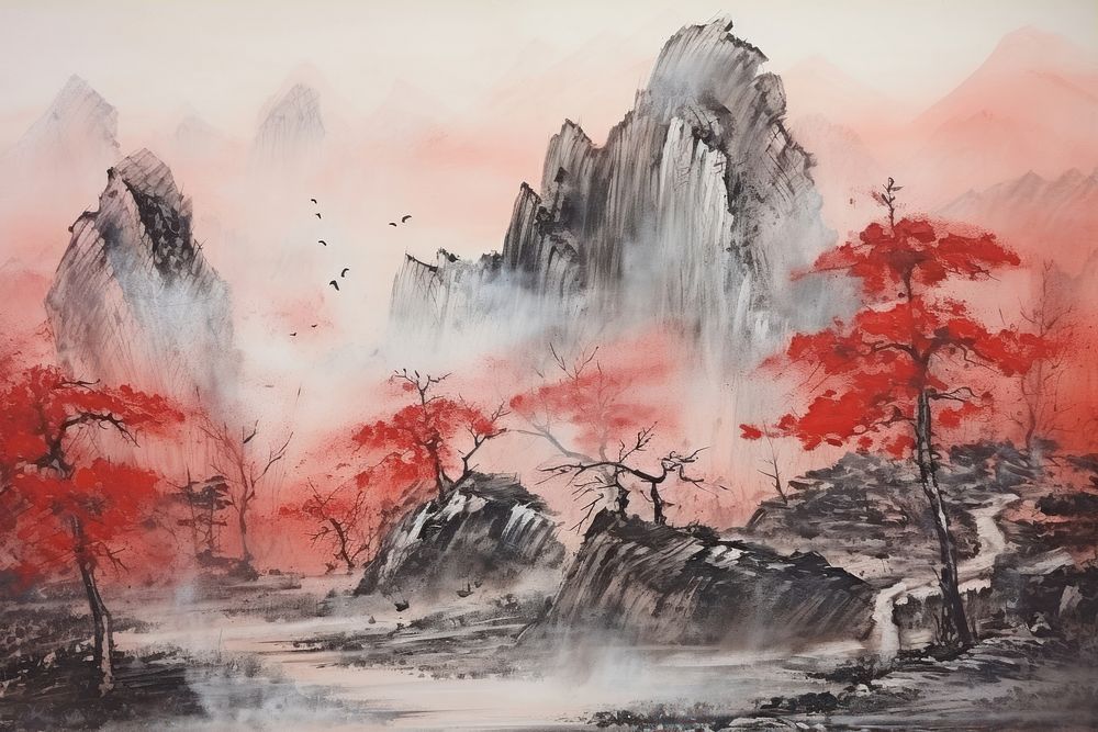 Chinese ink red landscape painting tree outdoors.