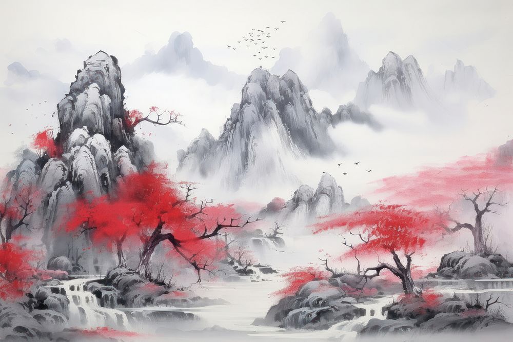 Chinese ink red landscape painting mountain outdoors.