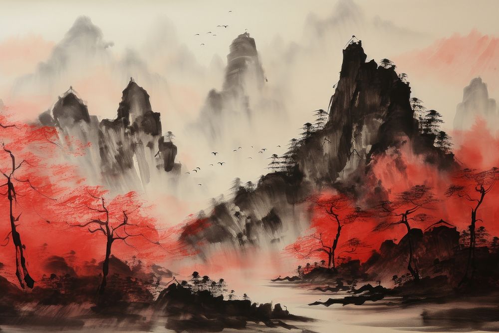 Chinese ink red landscape painting mountain nature.