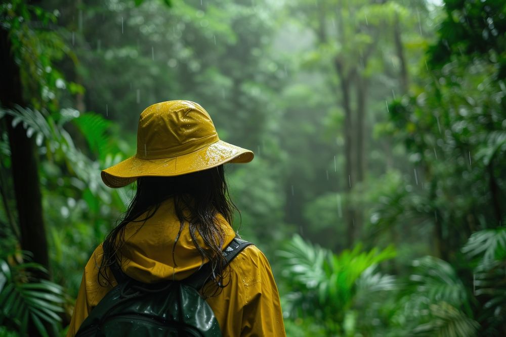 Woman in hiking clothe land raincoat outdoors.