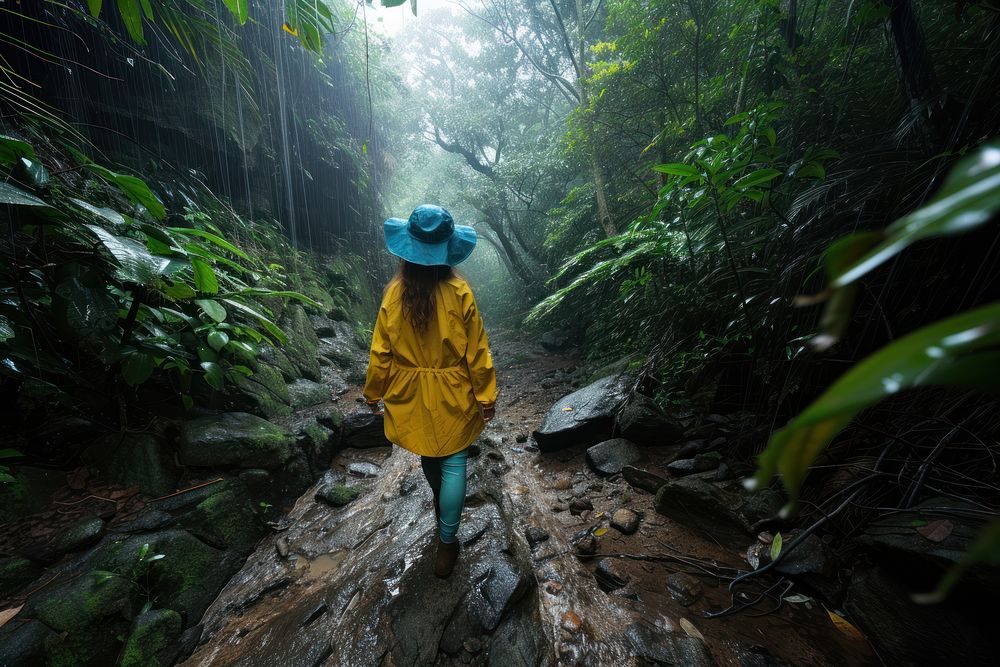 Woman in hiking clothes land raincoat outdoors.