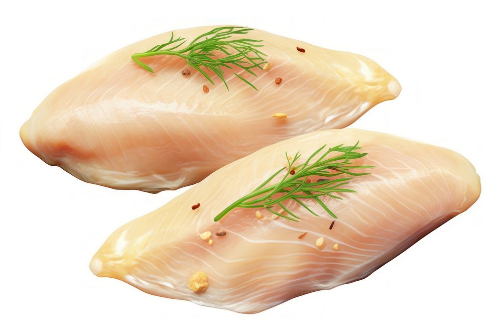 Raw chicken fillets seafood fish white background.