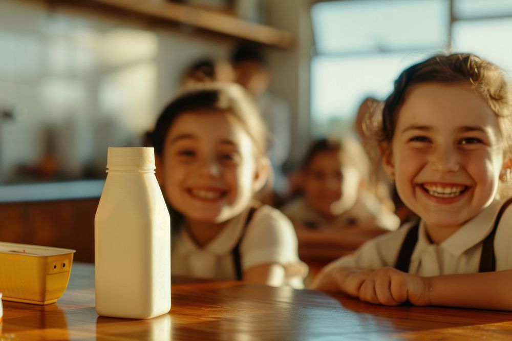 milk carton table child portrait. Free Photo rawpixel