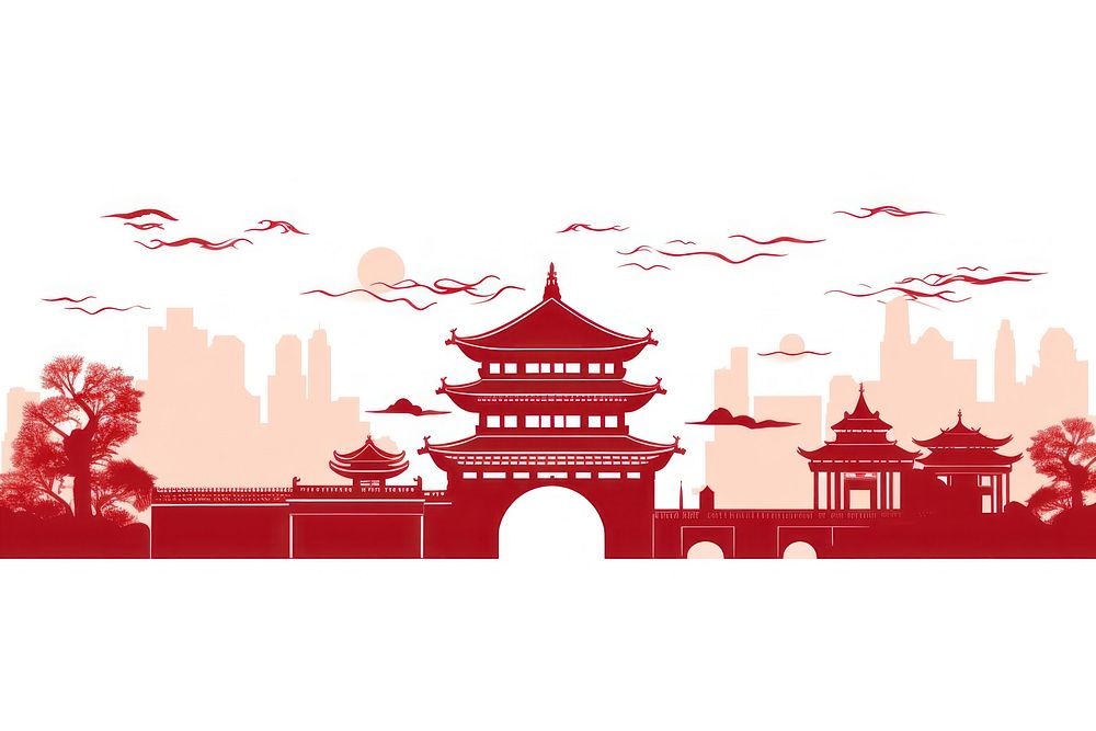 Chinese classical architecture silhouette building red.