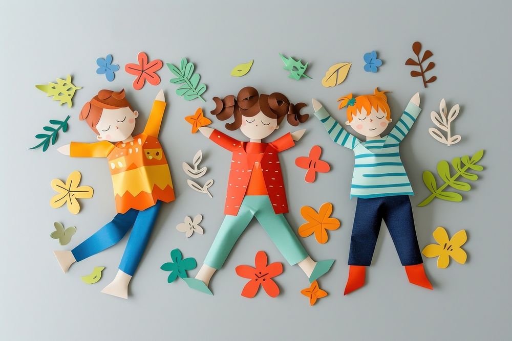 Diverse happy kids lying craft cute art.