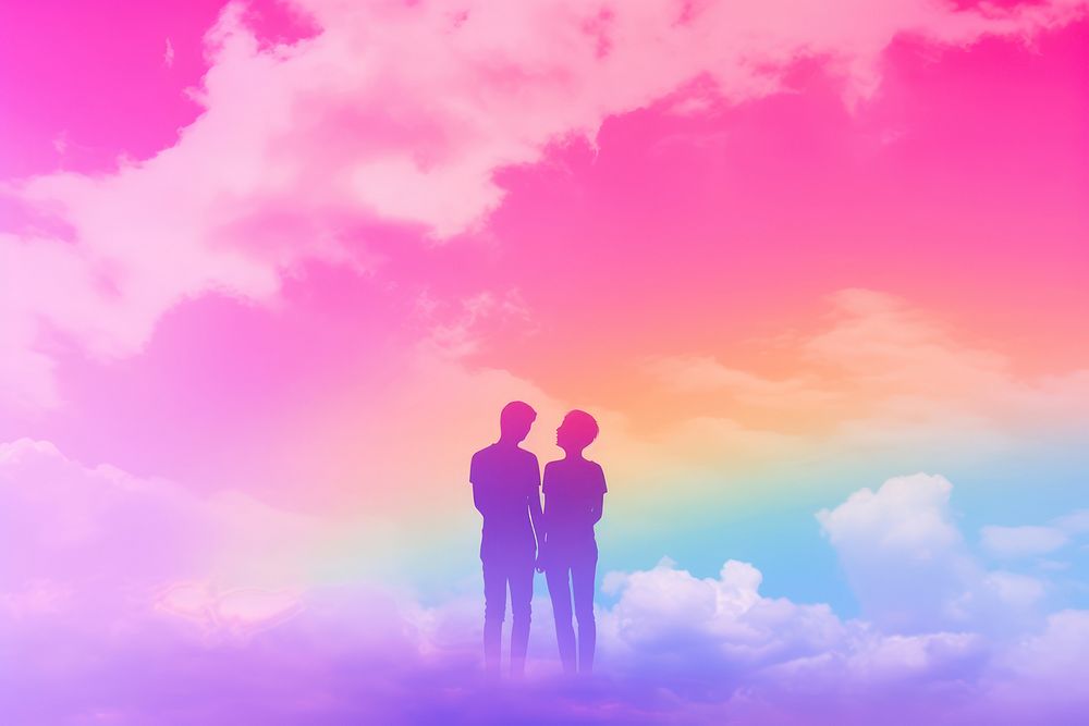 Lgbt couple sky silhouette standing.