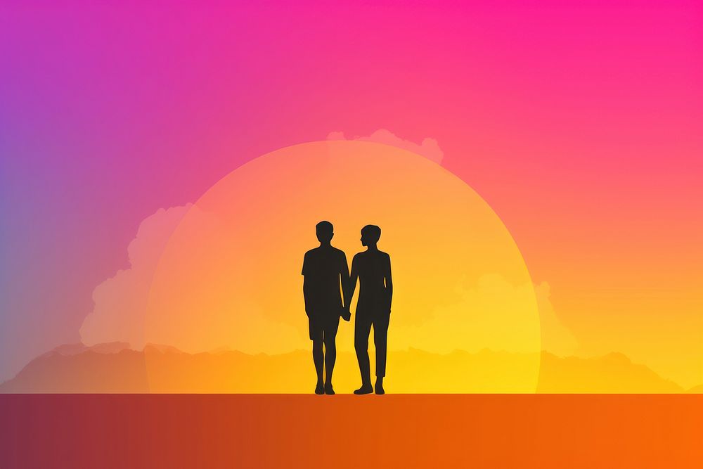 Gay couple gradient background outdoors love sky.