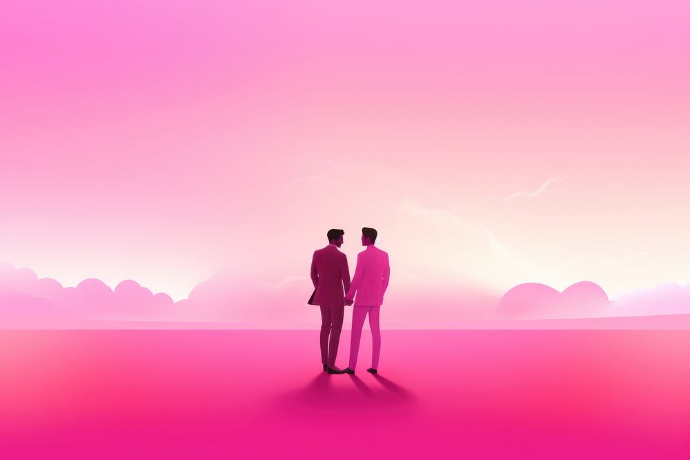 Gay wedding couple gradient background standing pink love.