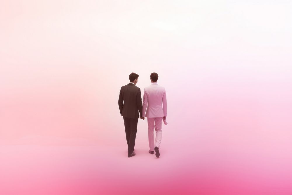 Gay wedding couple gradient background standing walking pink.