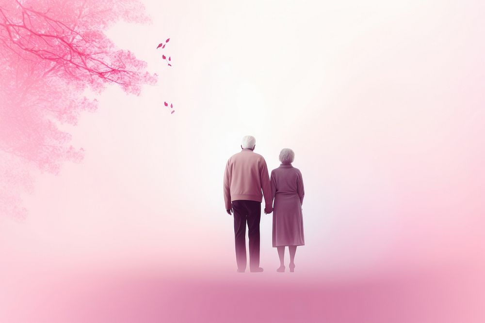 Old couple gradient background outdoors walking adult.