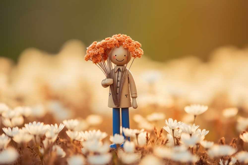 Person holding flowers background cute toy representation.