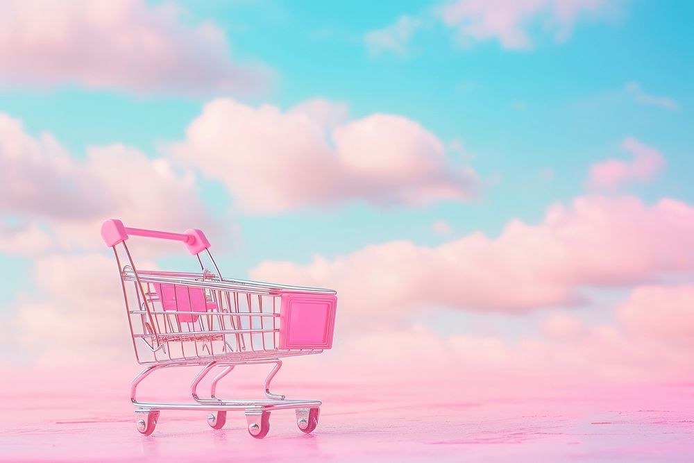 Pink shopping cart gradient background pushing consumerism tranquility.