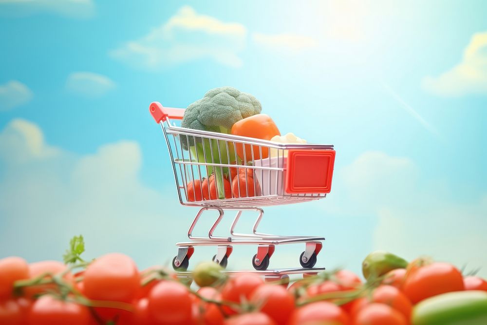Red shopping cart with vegetables food consumerism supermarket.