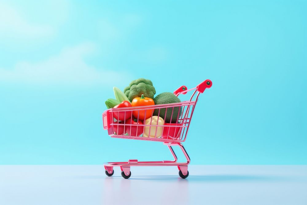 Red shopping cart with vegetables consumerism supermarket freshness.