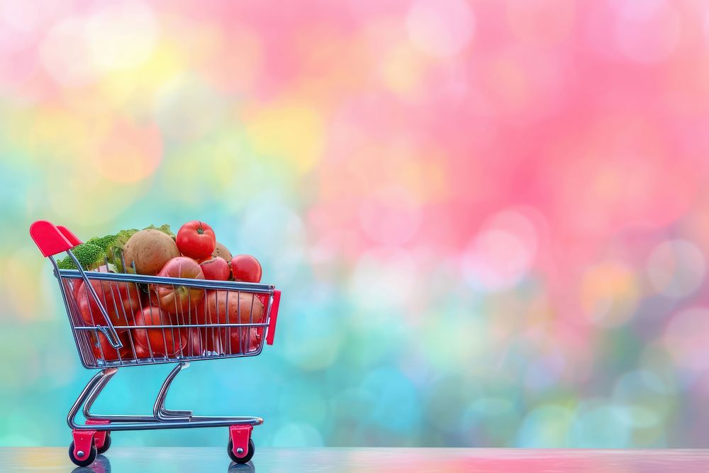 Red shopping cart with vegetables consumerism supermarket freshness.
