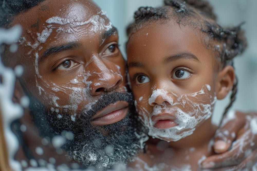 African American father photography portrait bathing.