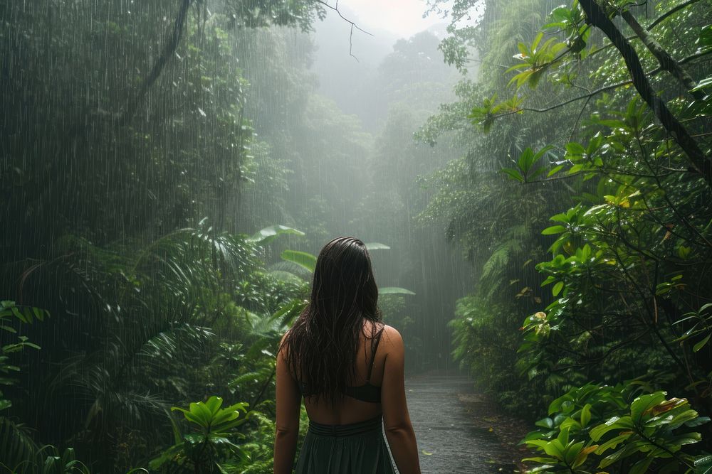 Woman in rainforest in rain land outdoors woodland.