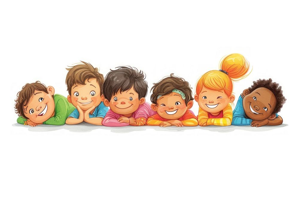 Diverse happy kids lying baby toy white background.