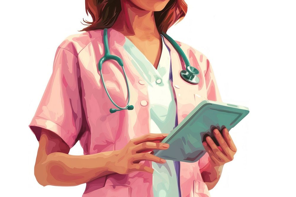 Nurse holding tablet adult white background stethoscope.