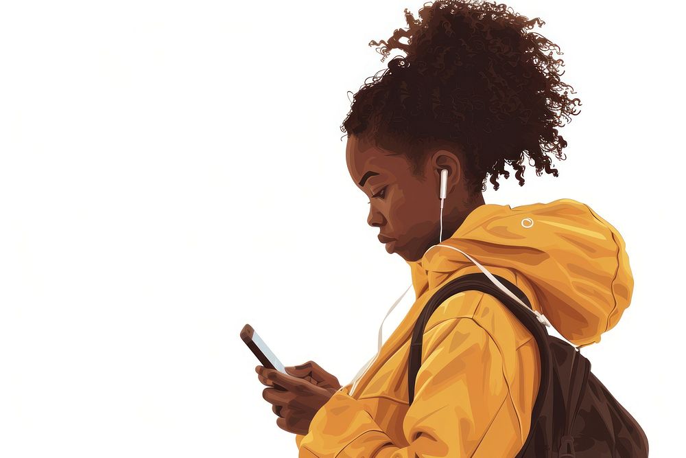 Young african american girl using phone adult white background portability.