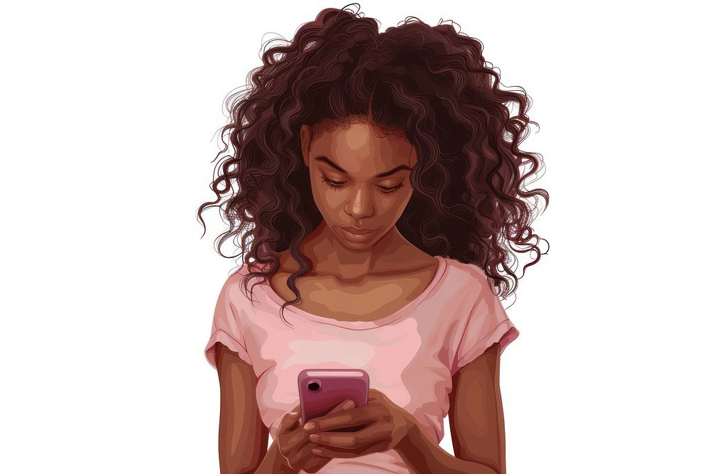 Young african american girl using phone adult white background portability.