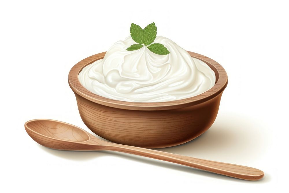 Yogurt in wooden bowl dessert cream spoon.