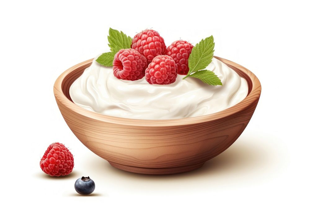 Yogurt in wooden bowl raspberry dessert fruit.