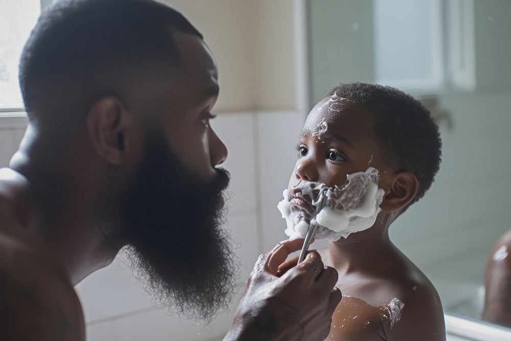 African American father bathroom mirror adult.