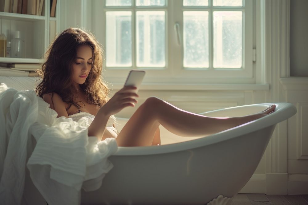 Beautiful young woman bathtub window adult.