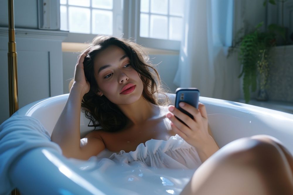 Beautiful young woman bathtub portability relaxation.