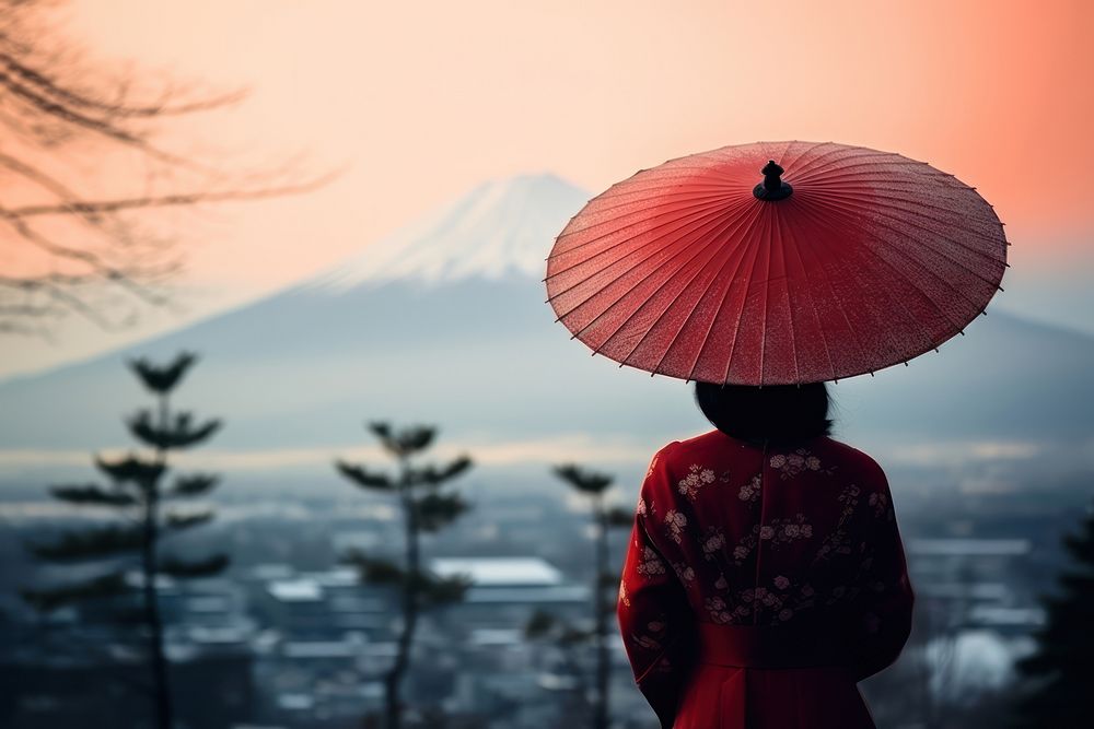 Woman wearing yukata umbrella outdoors nature.