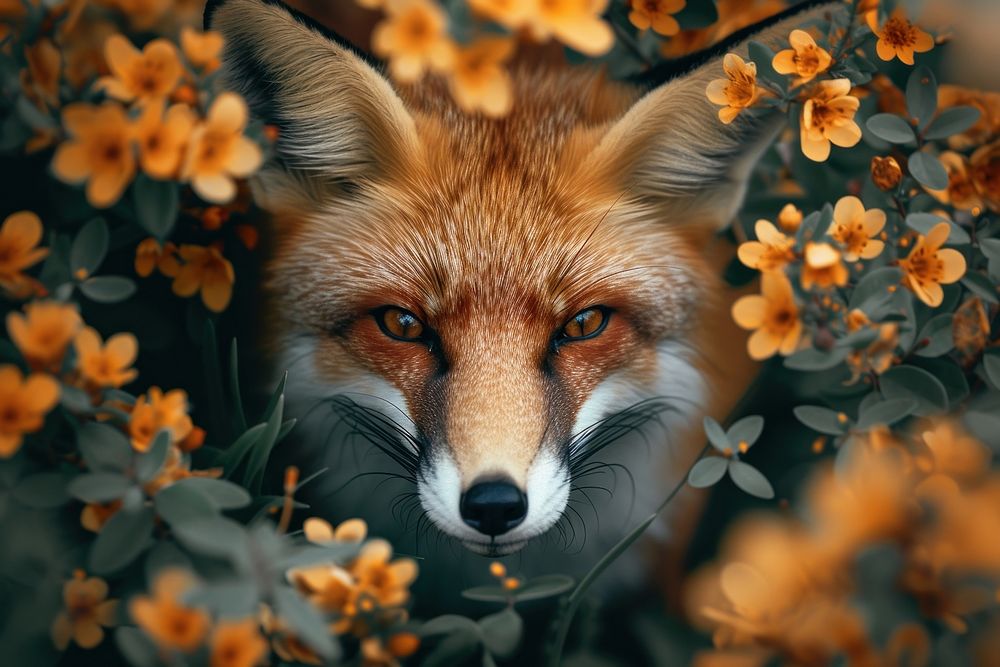 Fox face into the flowers and bush wildlife animal mammal.