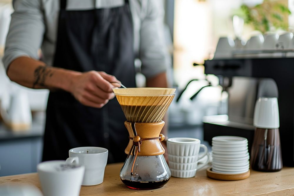 Coffee shop worker with hand drip coffee adult cup mug.