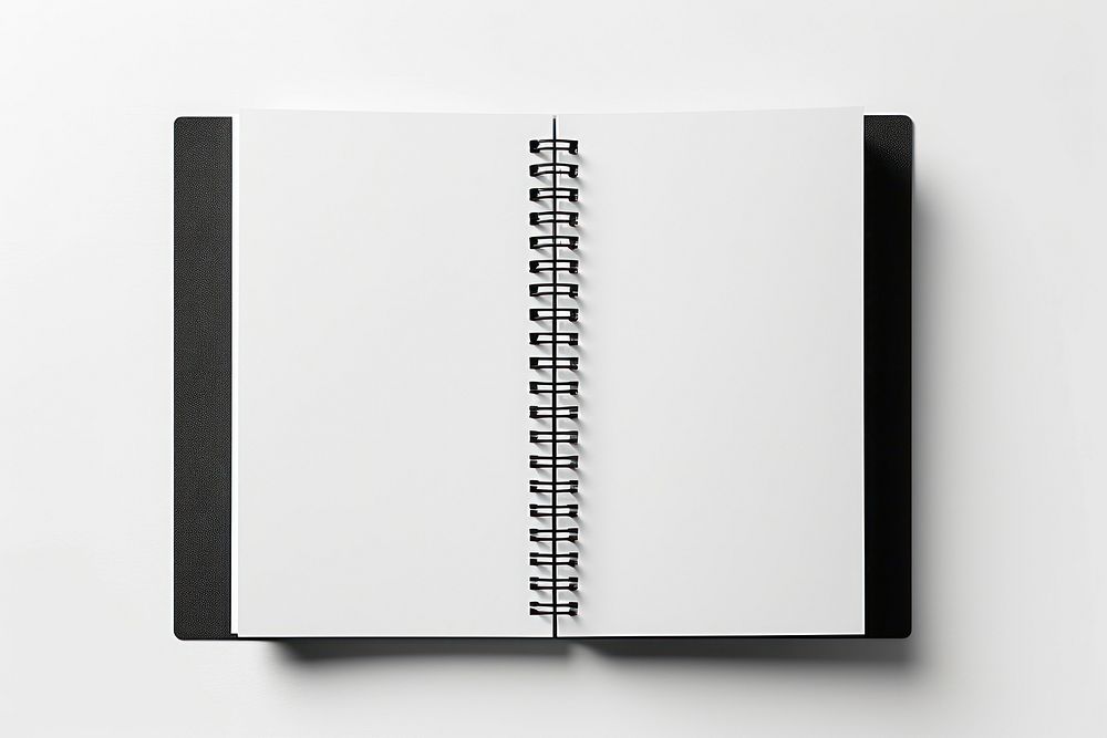 Open spiral bound notepad white paper publication diary black.